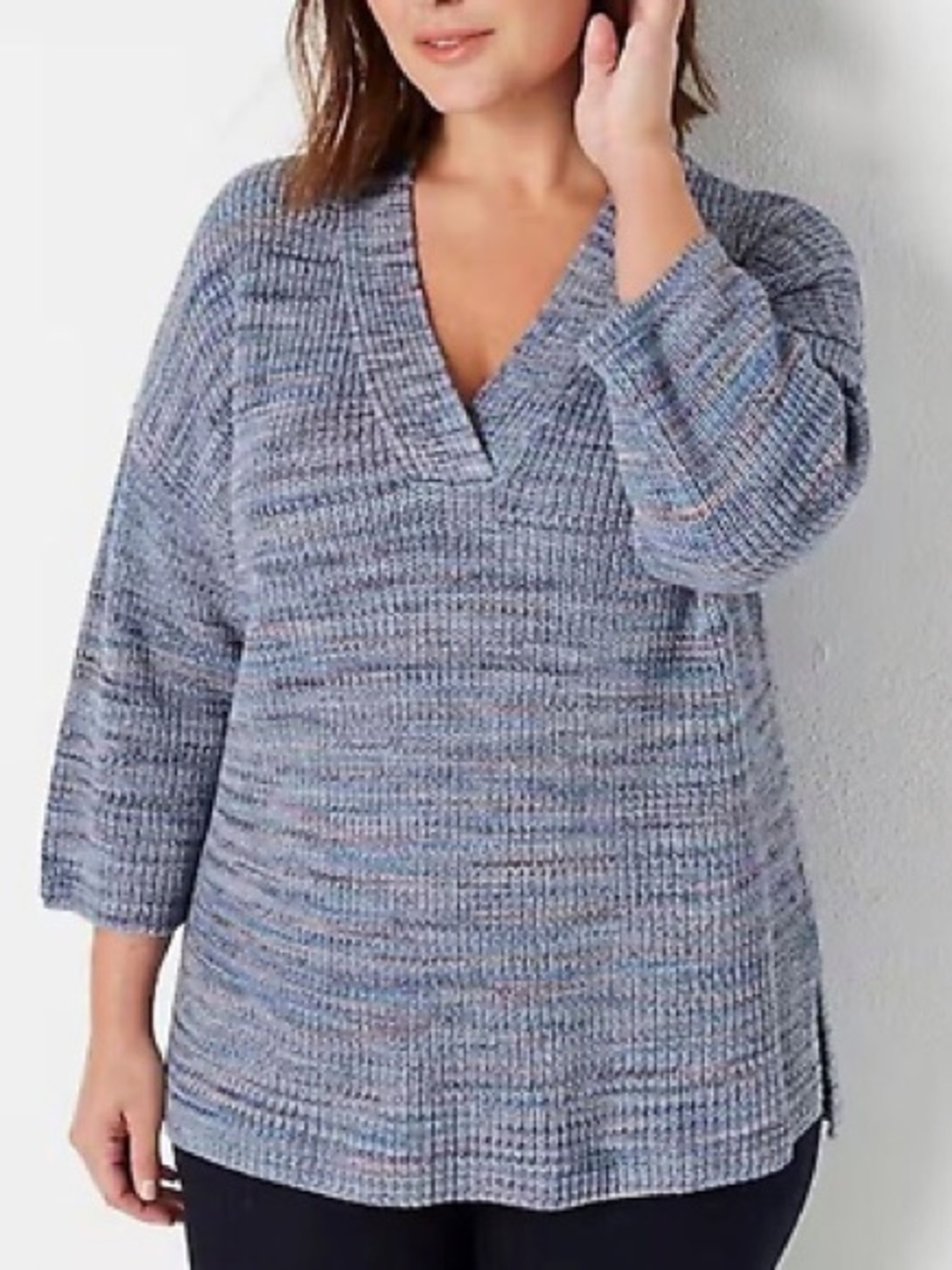 J Jill Size M Sweater Drop Shoulder Cotton V Neck Marled Blue Knit 3/4‎ Sleeve